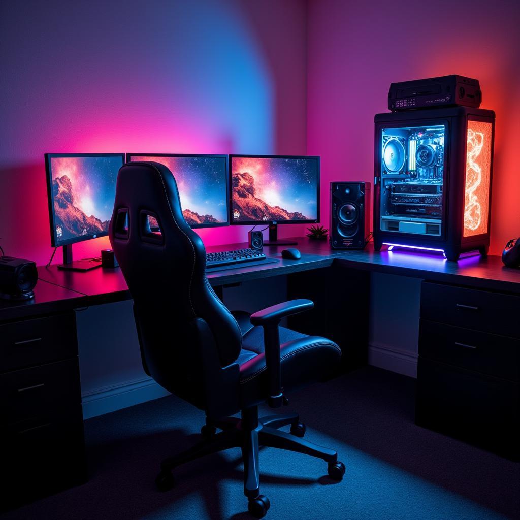 A gamer engrossed in a game on a powerful PC setup.