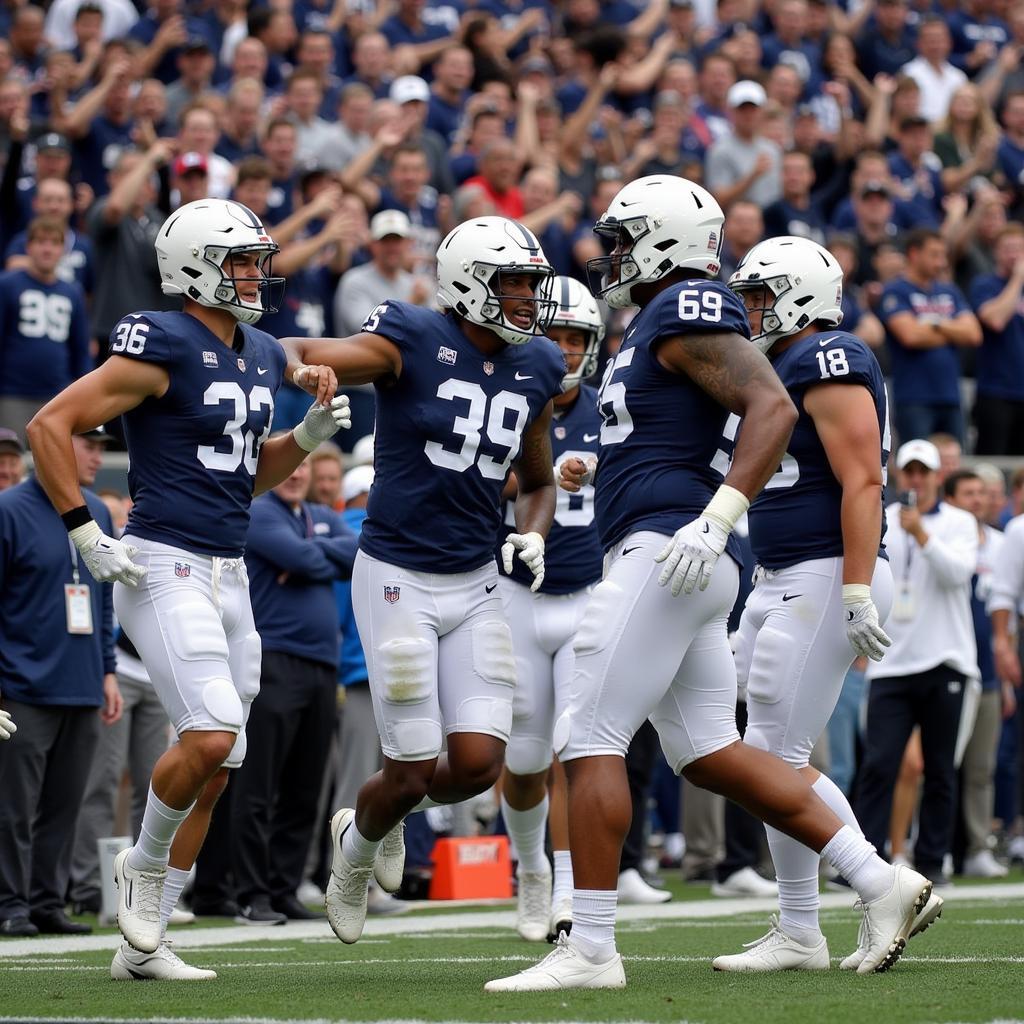 Penn State Football Players Celebrating - A group of Penn State football players celebrating a touchdown with their fans in the background.