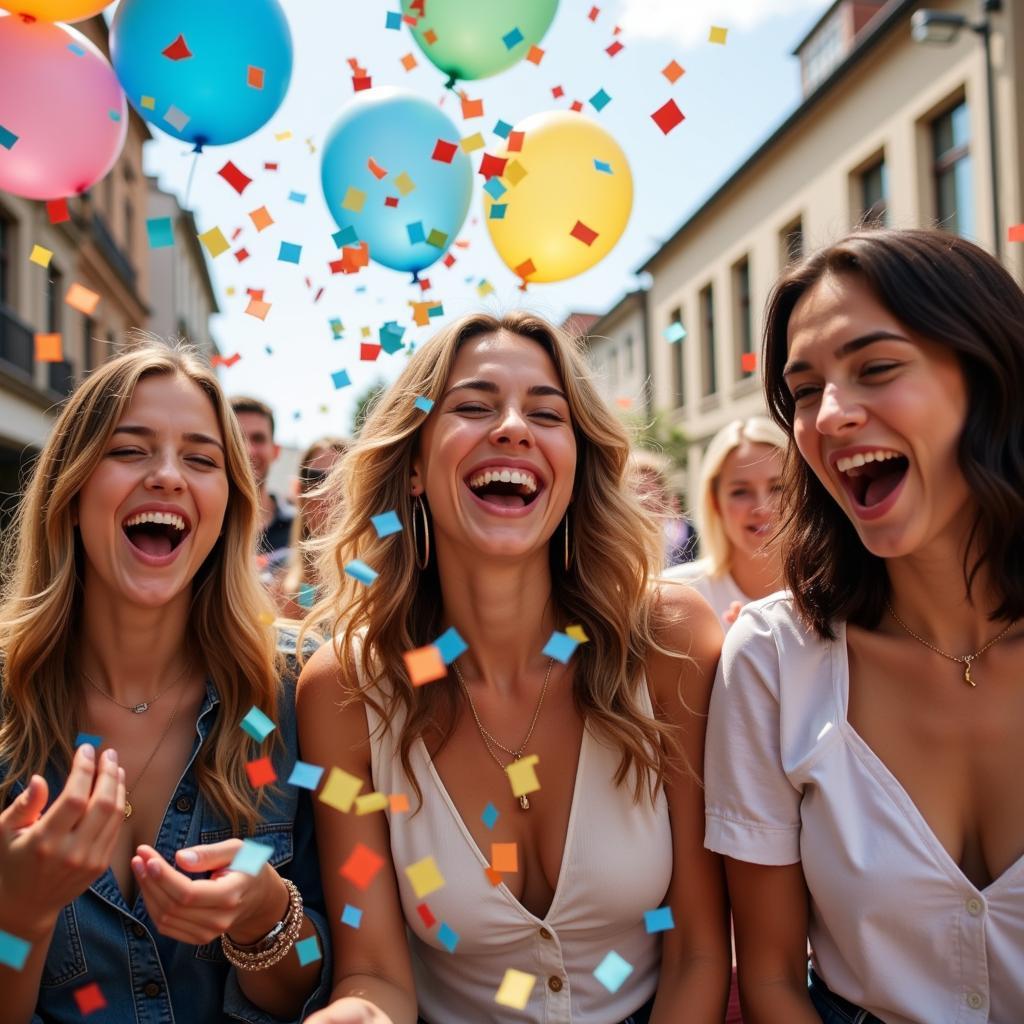 People celebrating with confetti and balloons