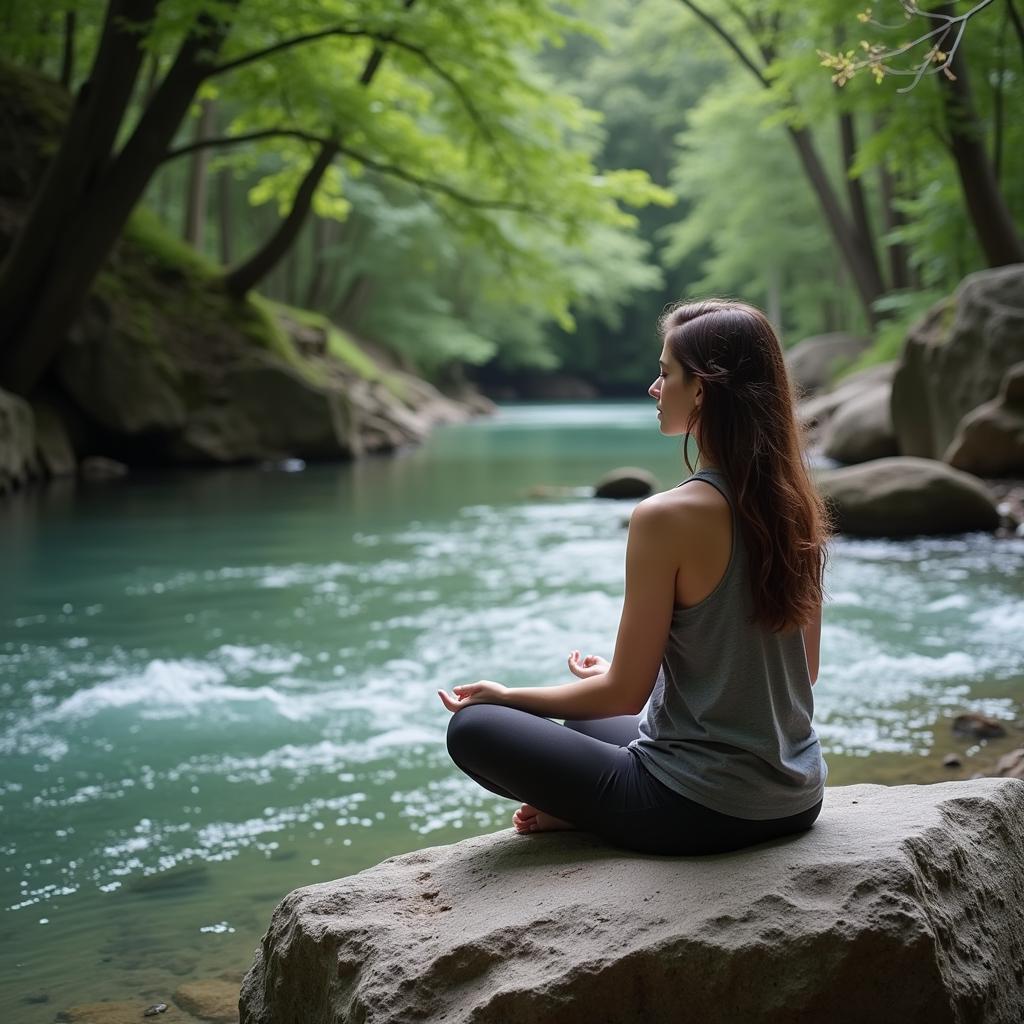 A person meditates peacefully by a river, symbolizing letting go.