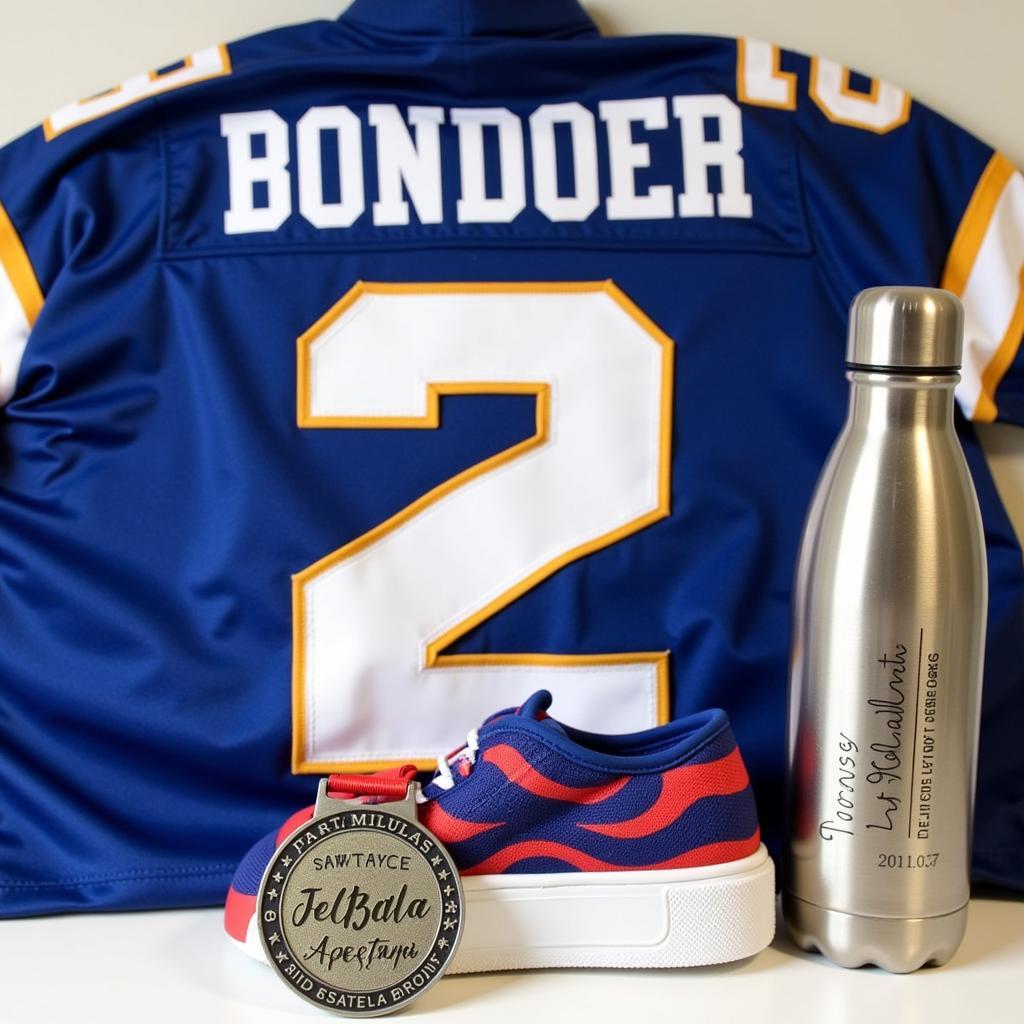 Personalized sports jersey and water bottle displayed with a medal