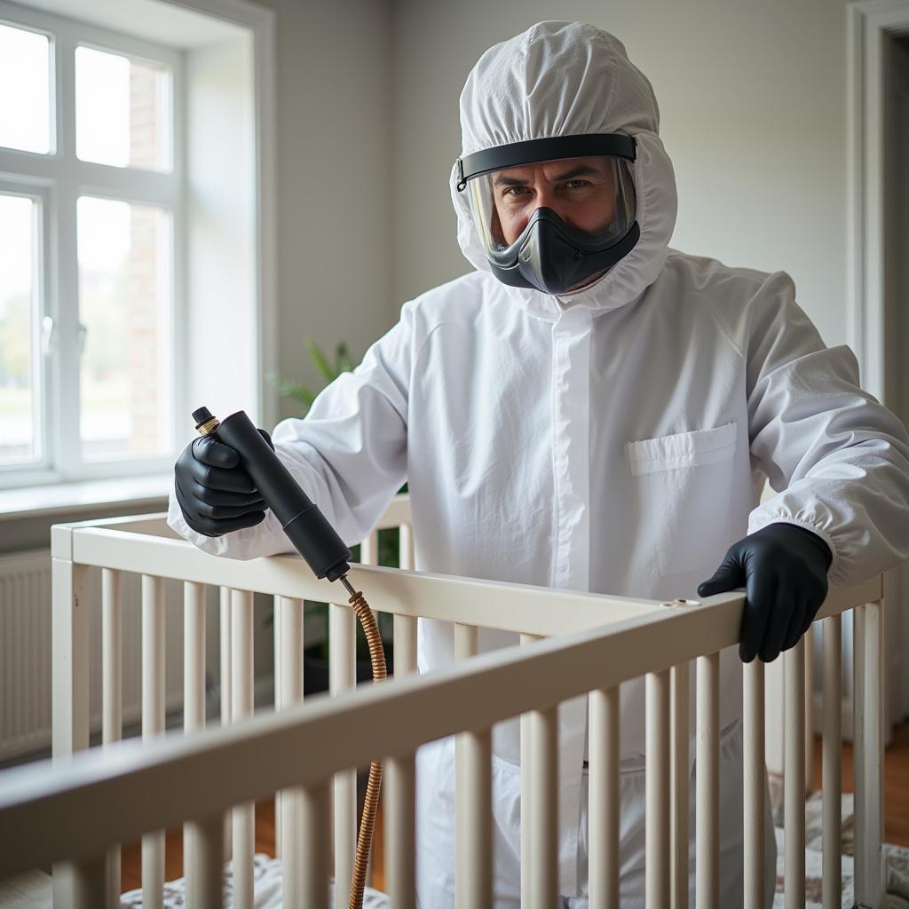 Pest control professional treating a crib for cribs bugs