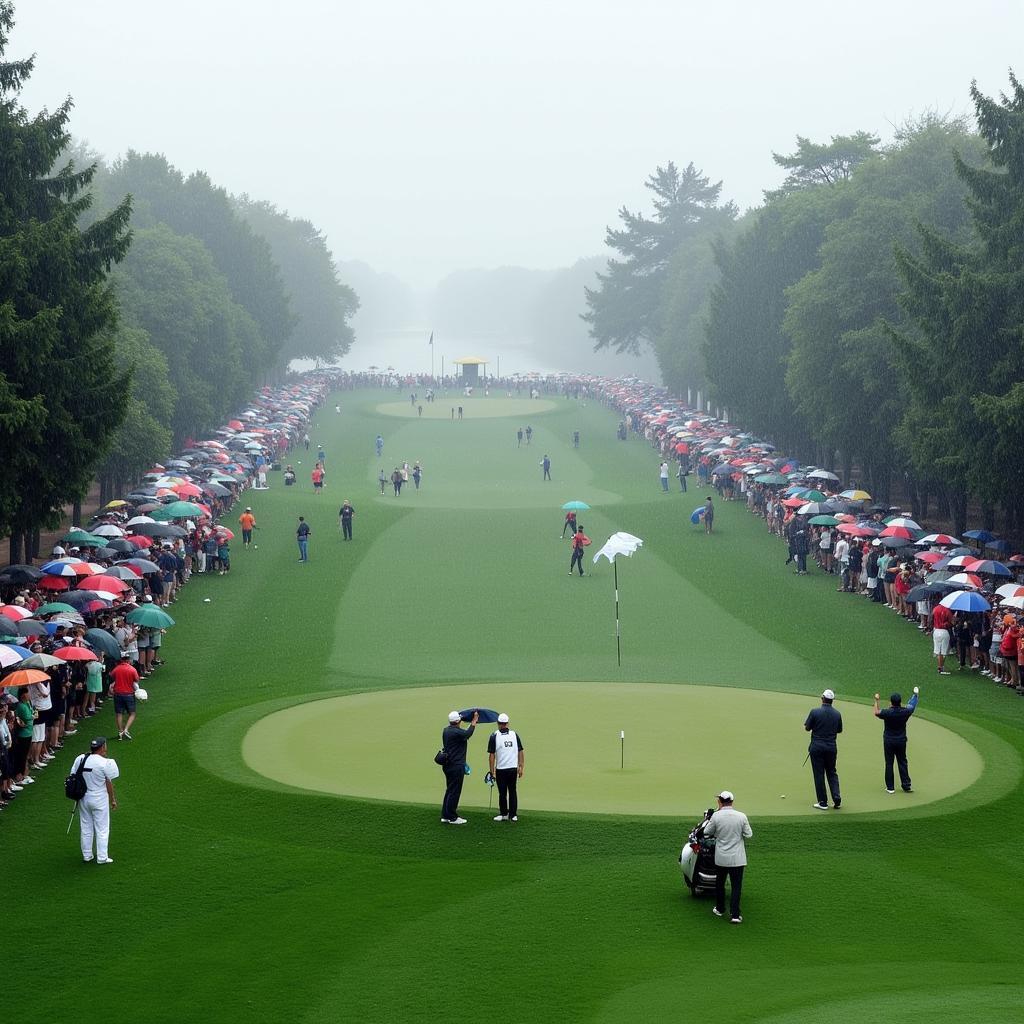 PGA golf tournament in the rain, spectators with umbrellas.