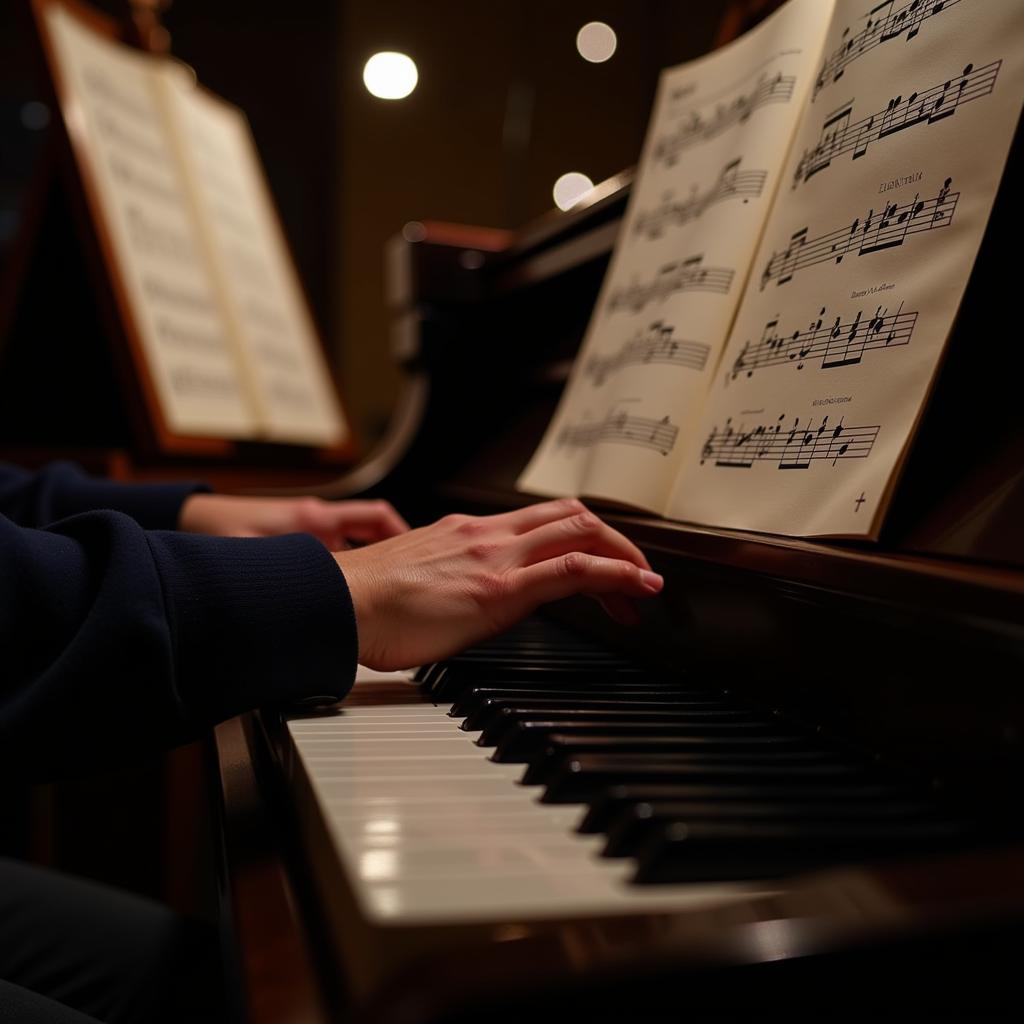 A pianist deeply focused on playing a video game melody from sheet music