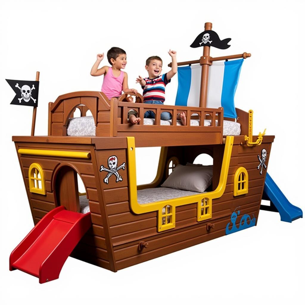 Kids playing on a pirate ship themed bunk bed