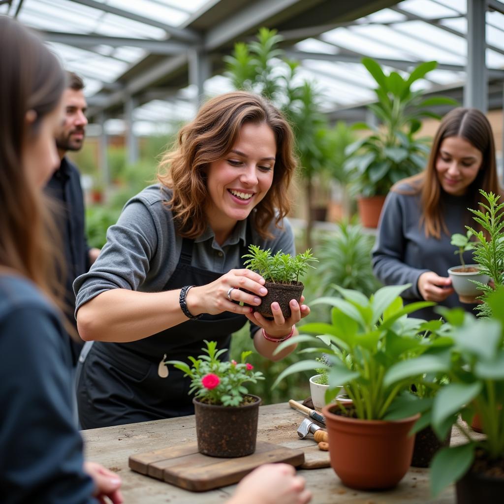 A group of people attending a plant care workshop in a cozy plant shop.