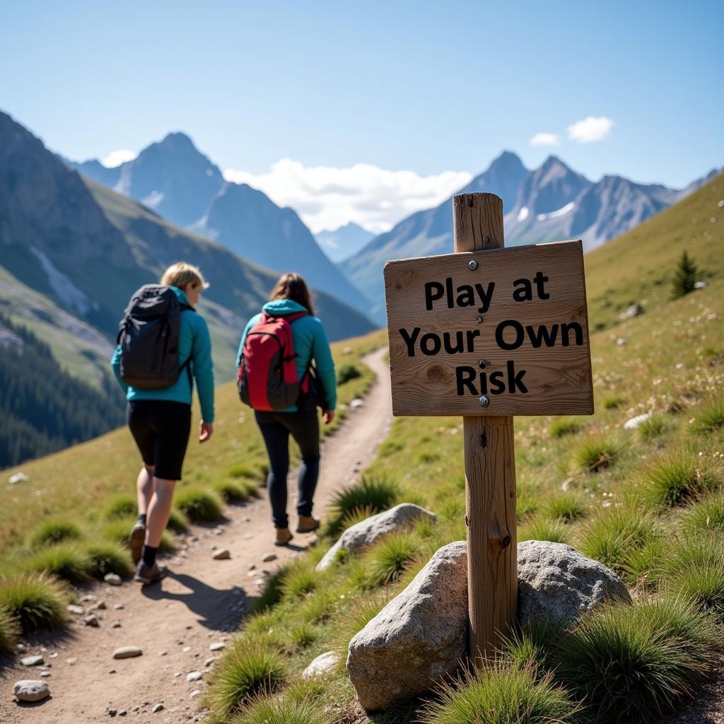 Hikers on a mountain trail with a "Play at Your Own Risk" sign at the trailhead.