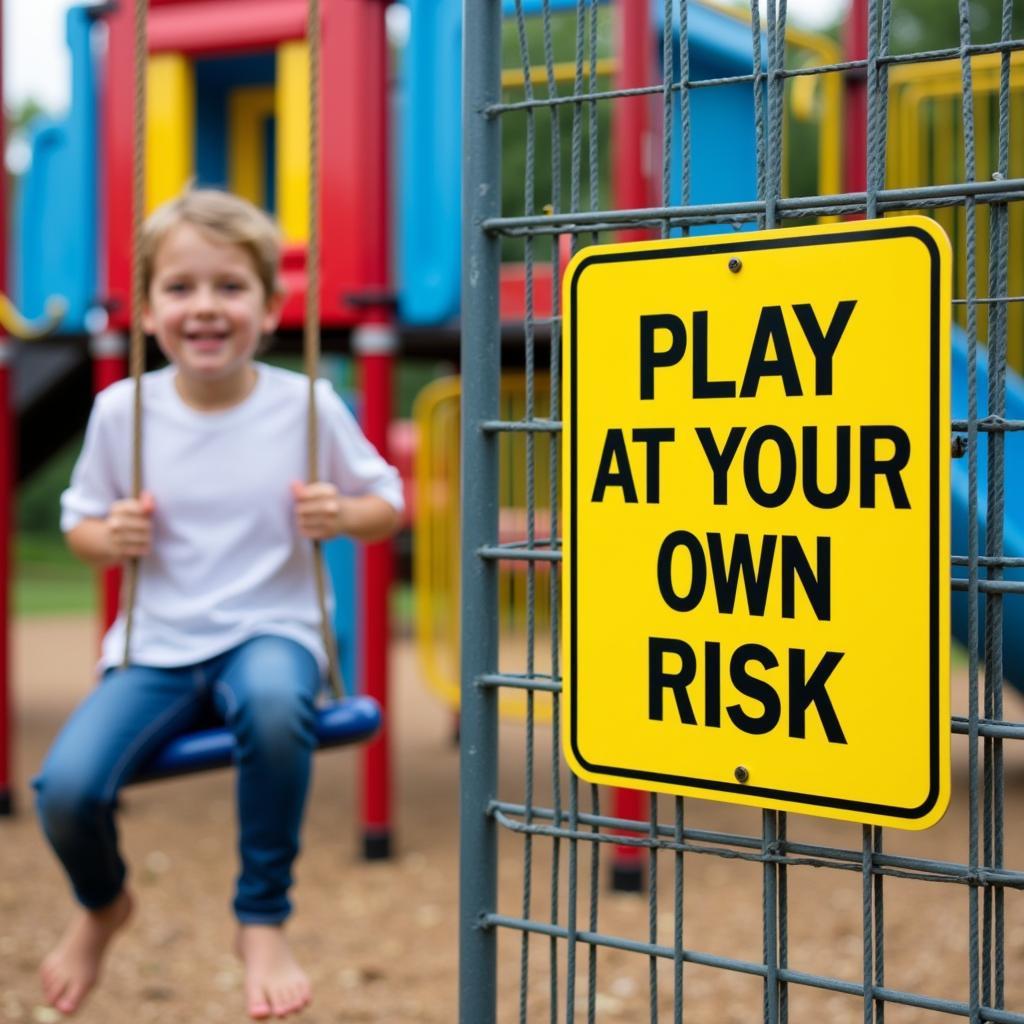 Child playing on a playground with a "Play at Your Own Risk" sign in the background.