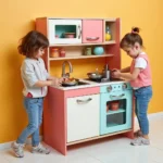 Children playing with a colorful toy kitchen set