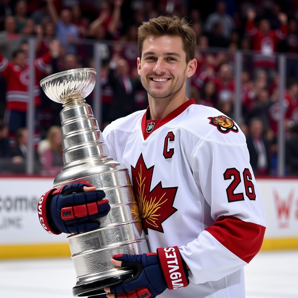 Hockey player proudly displaying the Stanley Cup patch