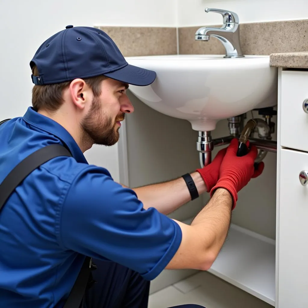 Plumber Inspecting Pipes Under a Sink