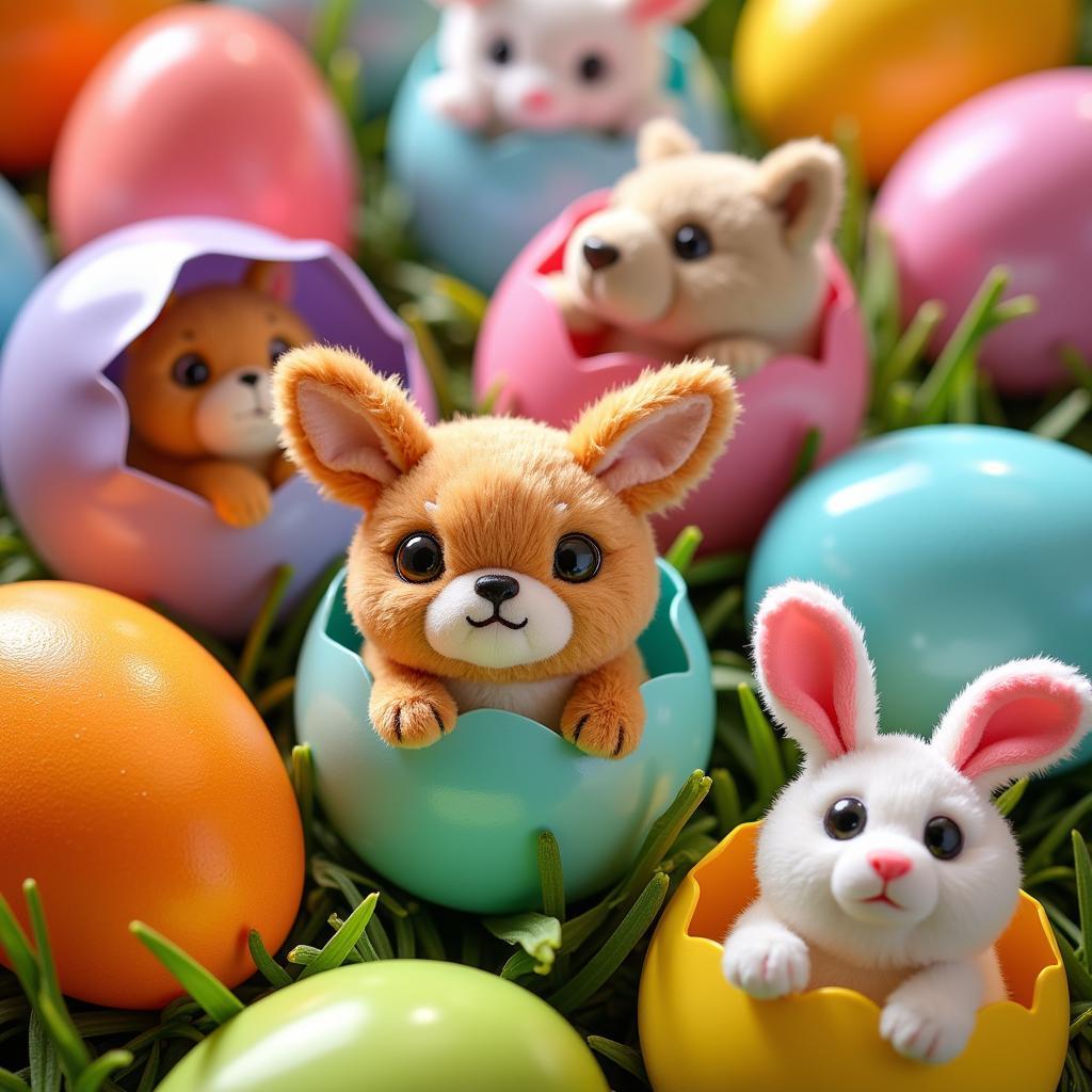 Stuffed animals peeking out of colorful plastic eggs