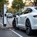 Porsche Taycan plugged into a charging station