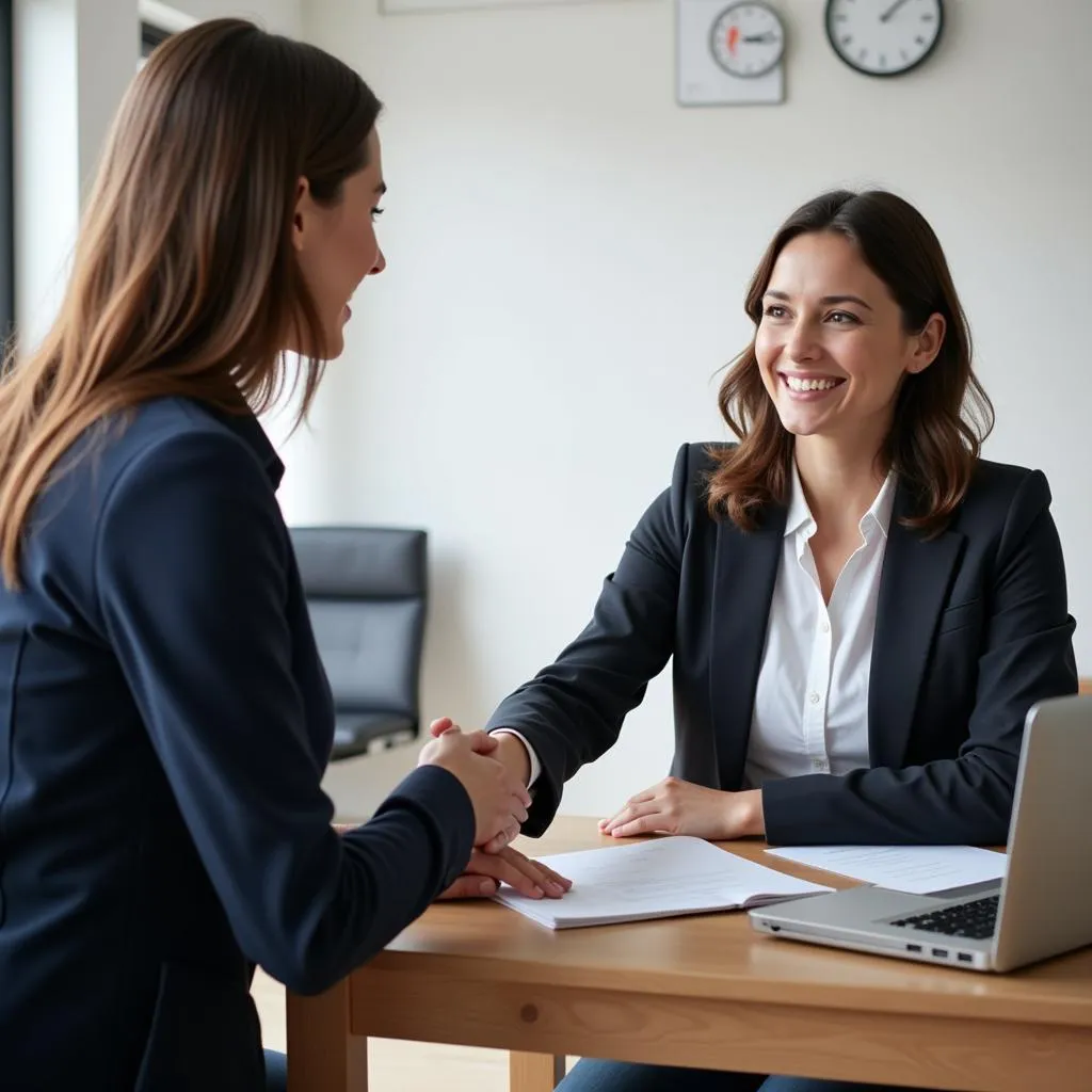 Employee and boss shaking hands with smiles