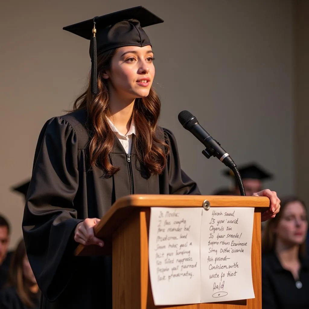 Student practicing valedictorian speech using notes