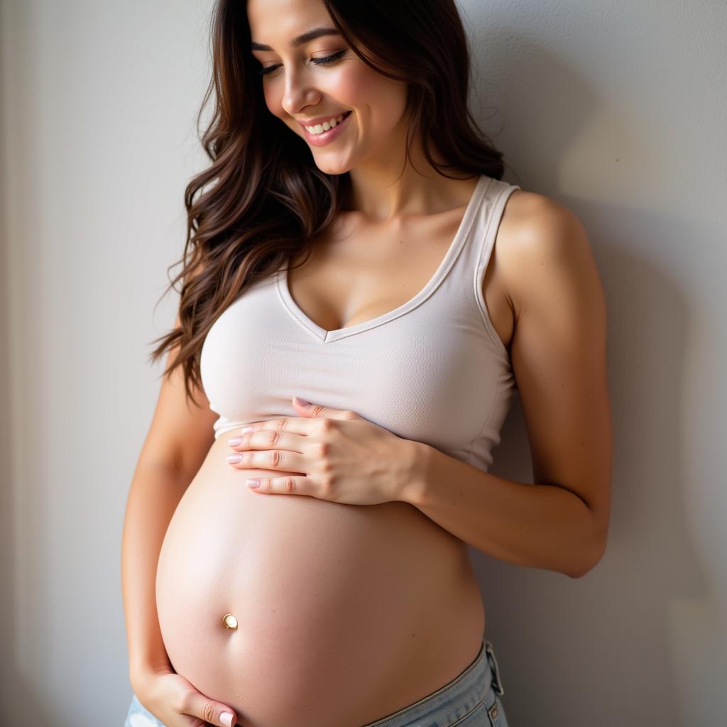 Pregnant woman cradling her belly