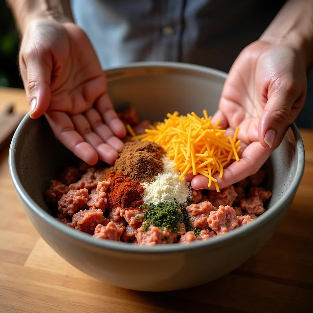 Hands mixing ingredients for capelletti filling