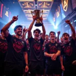 Esports Tournament Champions Hoisting Trophy