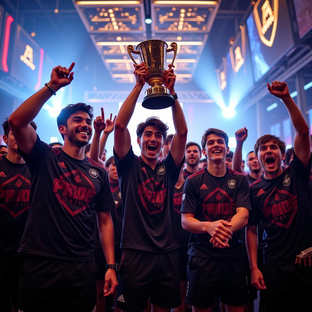 Esports Tournament Champions Hoisting Trophy