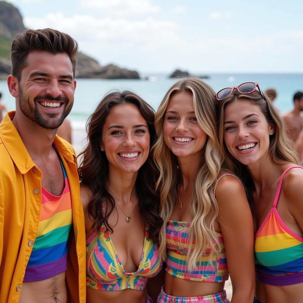 Group of Friends in Pride-Themed Beach Outfits