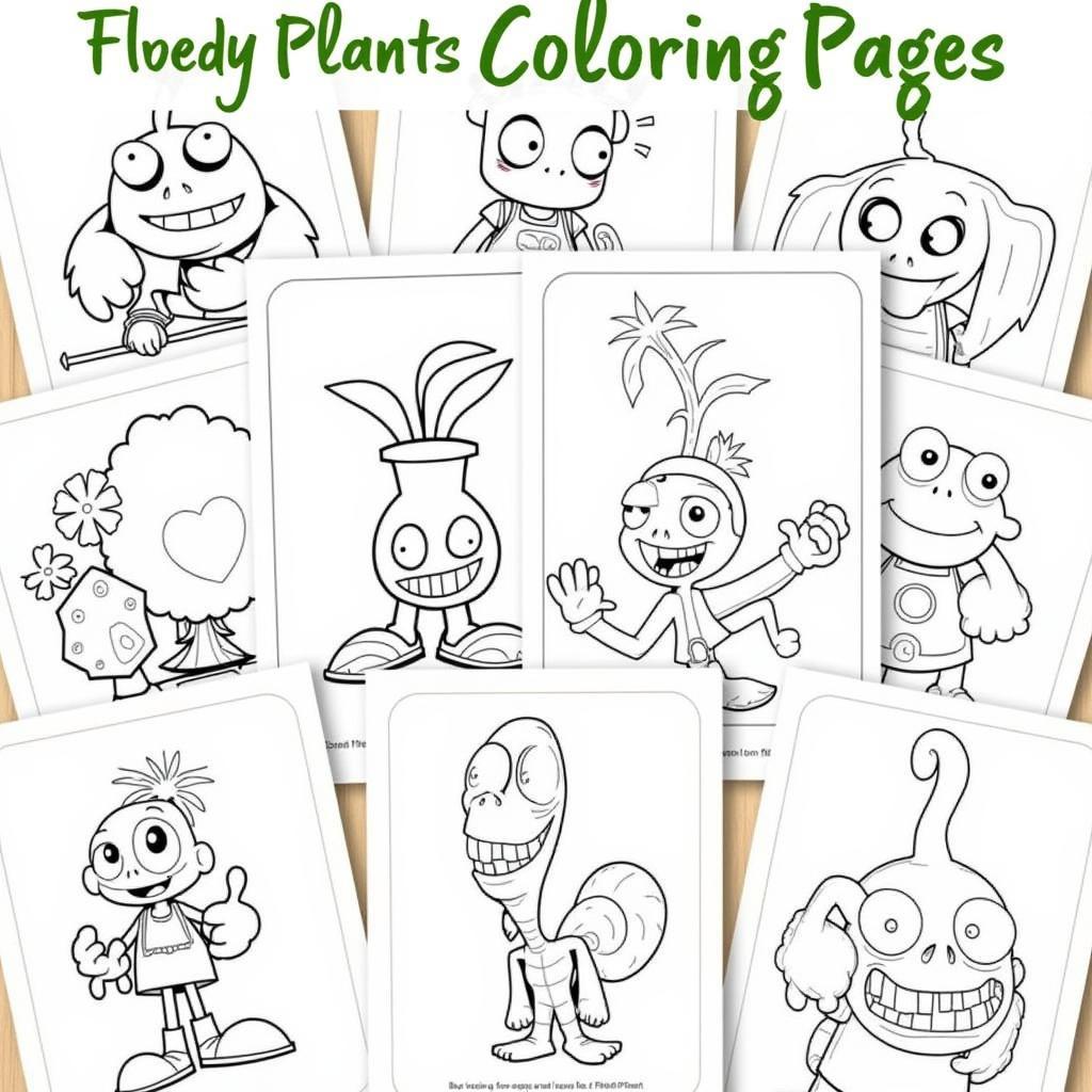 A collection of printable Plants vs. Zombies coloring pages featuring various characters and scenes