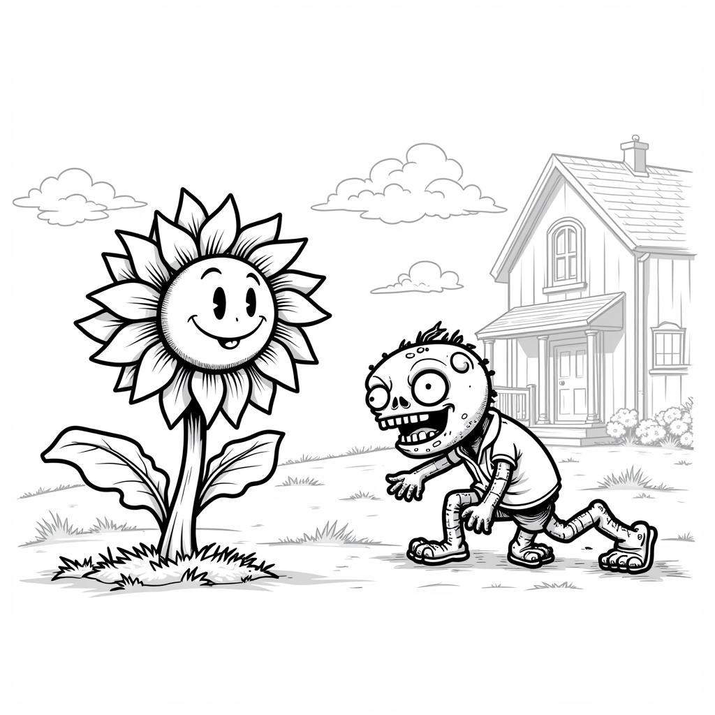 Printable PVZ coloring page with Sunflower and zombie