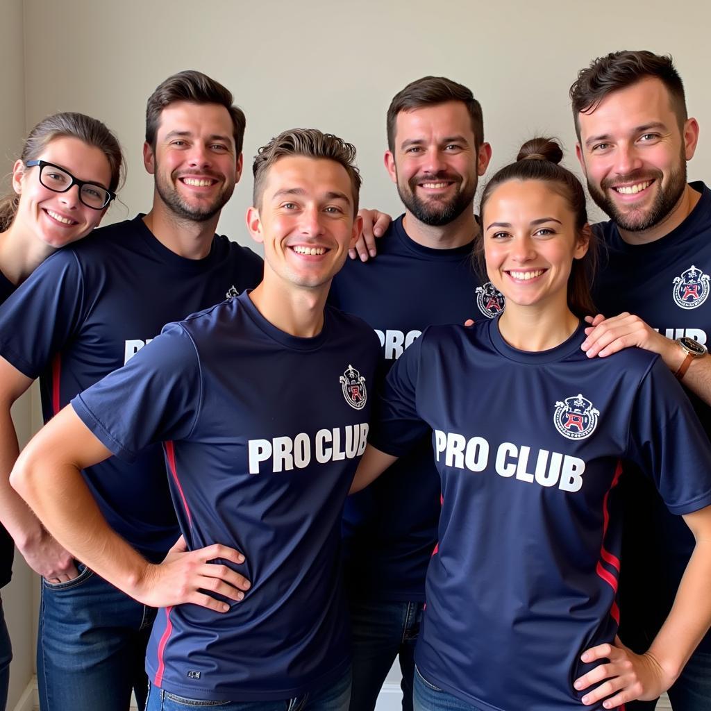 A group of friends wearing matching pro club jerseys with their team name and logo