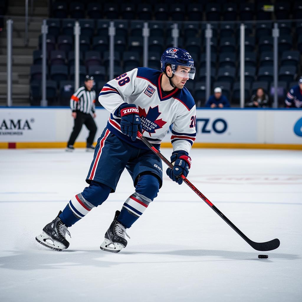 Pro hybrid hockey player showcasing skills on a specialized surface