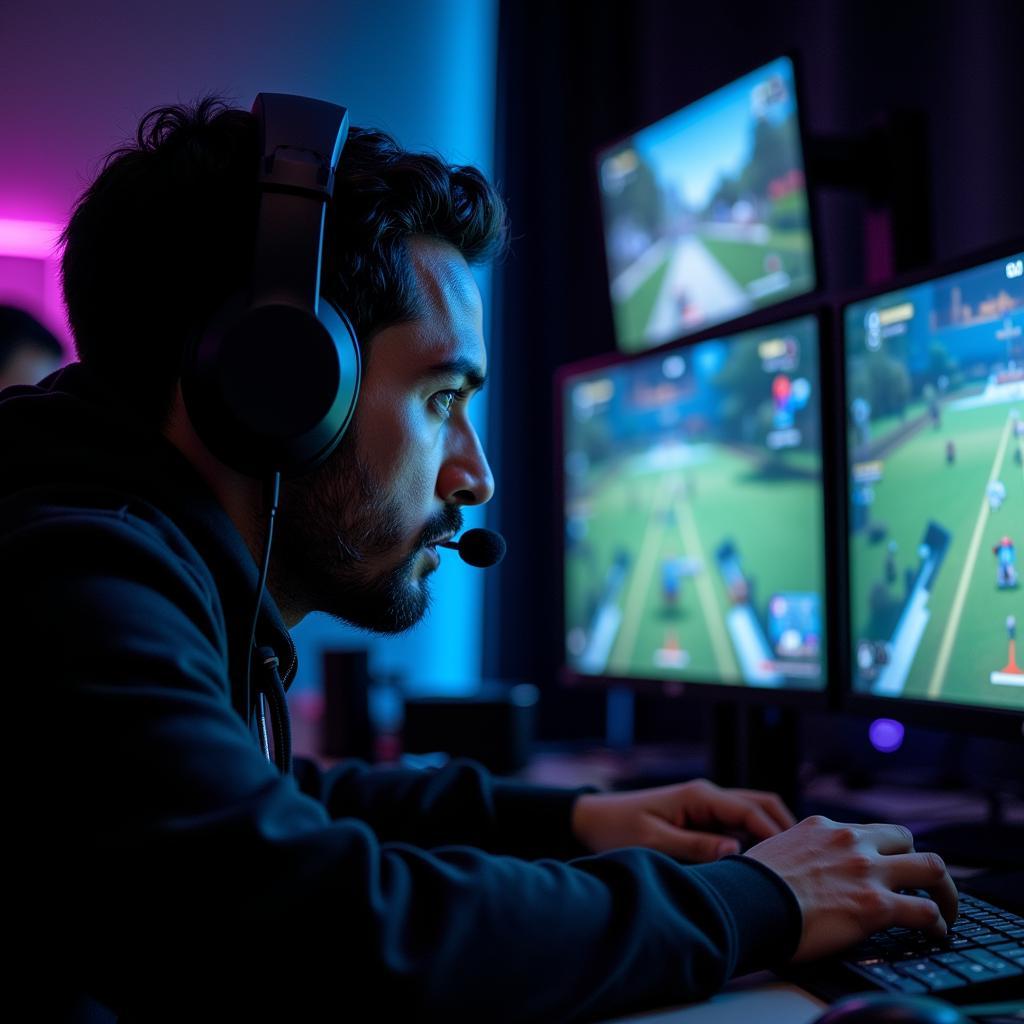 A professional gamer intently studying his opponent's gameplay on multiple monitors