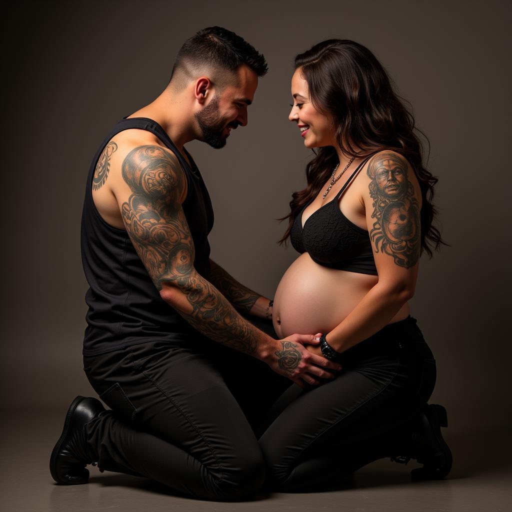 Biker tenderly touching pregnant partner's belly