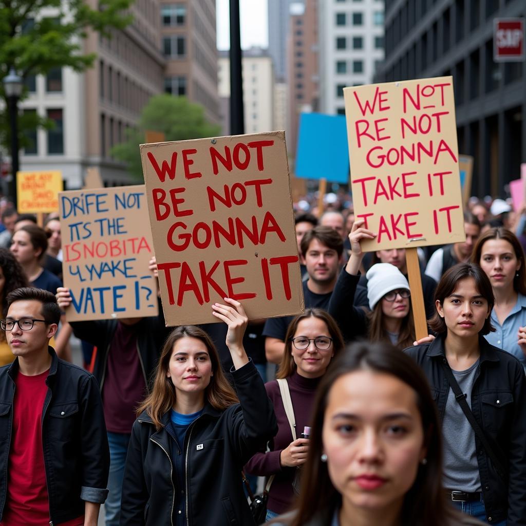 Protestors holding signs with "We're Not Gonna Take It" lyrics