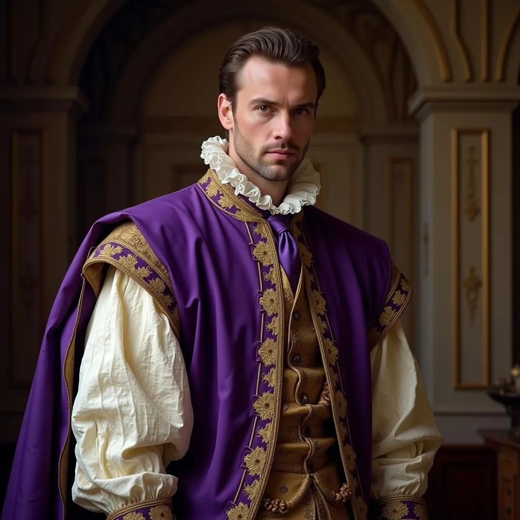 Historical Figure in Purple Vest and Tie