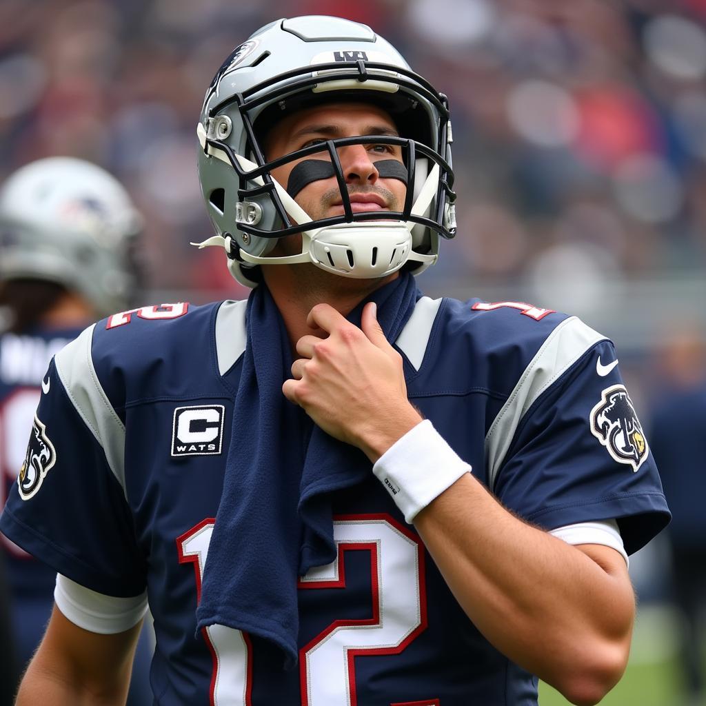 Quarterback using a towel to maintain clear vision