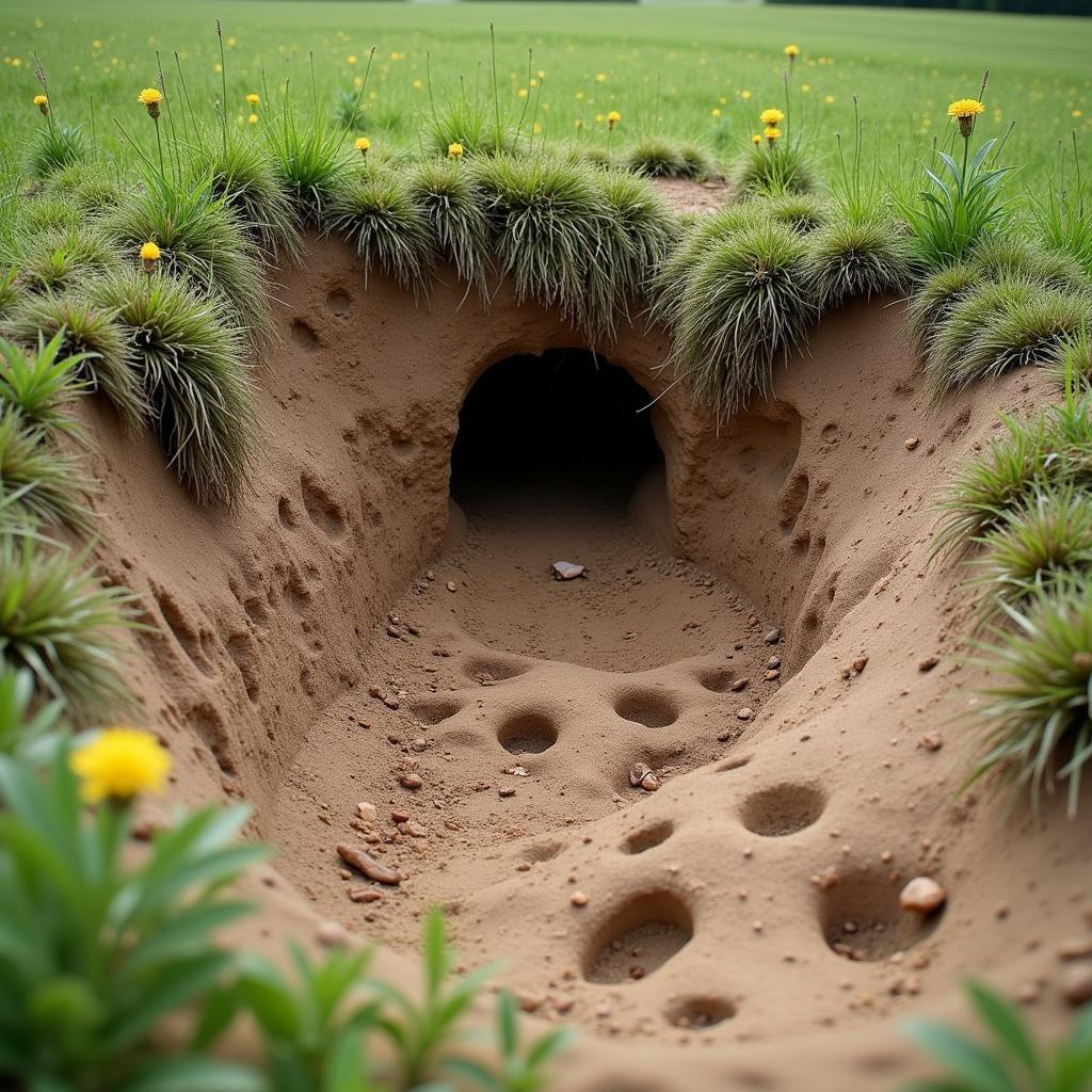 Rabbit burrow near cow hoofprints in a pasture