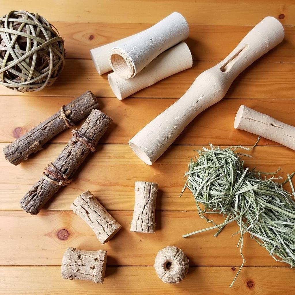 Various rabbit chewing toys made from natural materials