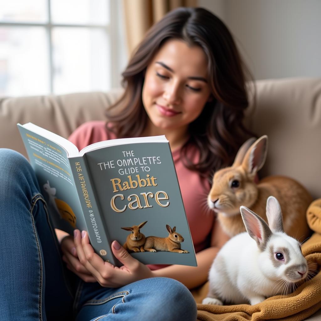 A rabbit owner reading a book about rabbit care