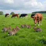 Rabbits and cows coexisting in a pasture