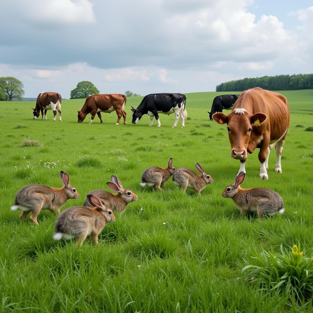 Rabbits and cows coexisting in a pasture