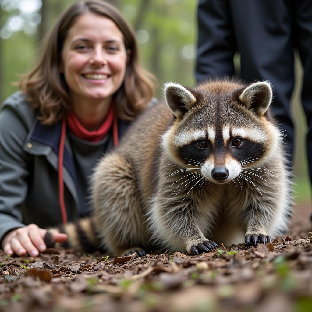 Raccoon Interacting with Owner