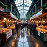 People browsing Granville Market on a rainy day