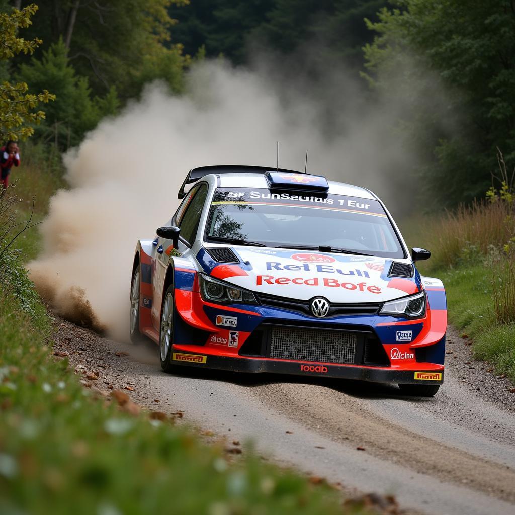 Rally car cornering on a gravel road