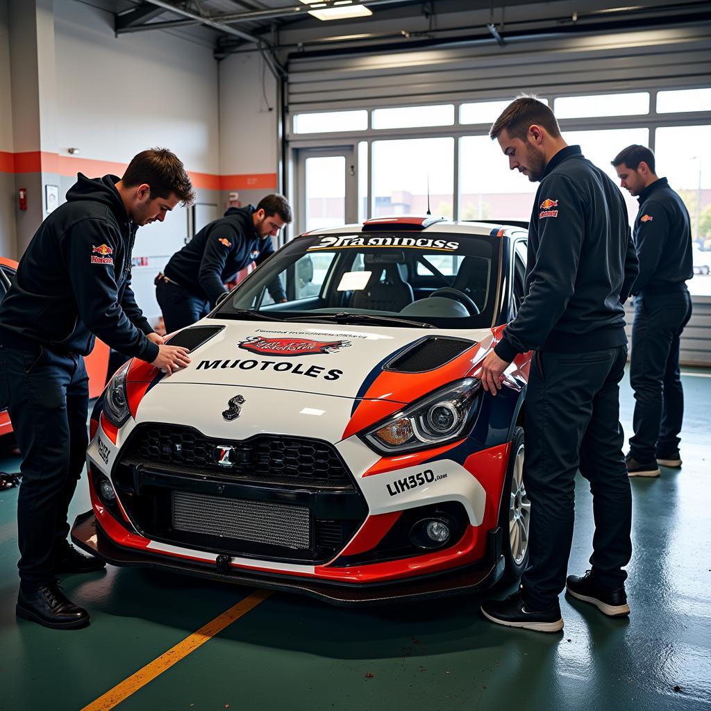 Rally car undergoing customization in a garage