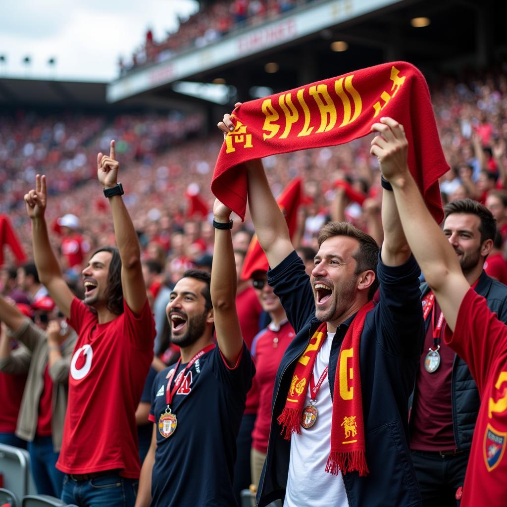 Excited sports fans waving custom rally towels