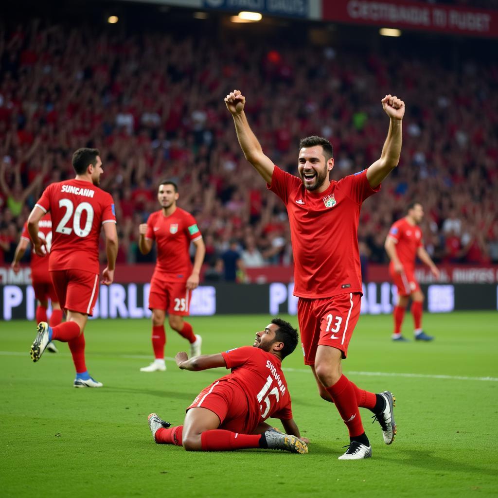 RCD Mallorca forward celebrates a goal with his teammates, sending the away supporters into raptures.