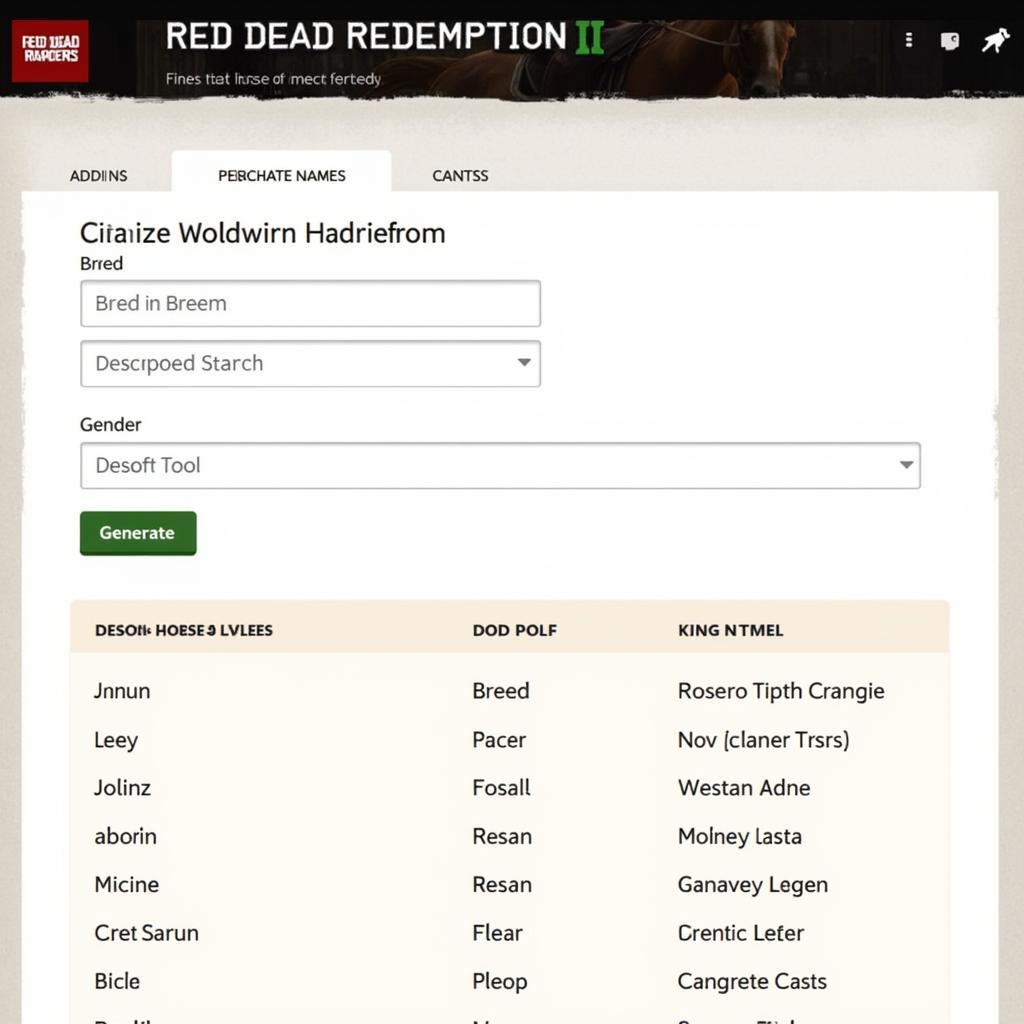 Example of a Red Dead Redemption 2 Horse Name Generator