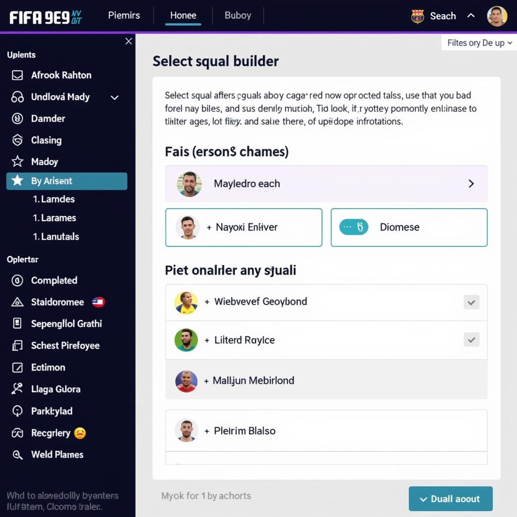 Real Elite FC squad builder interface