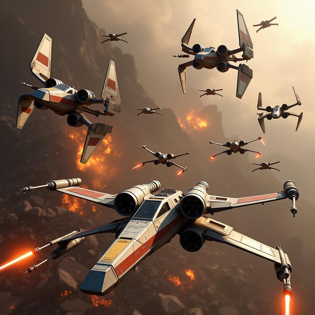 Rebel X-Wings and Y-Wings engaging TIE fighters