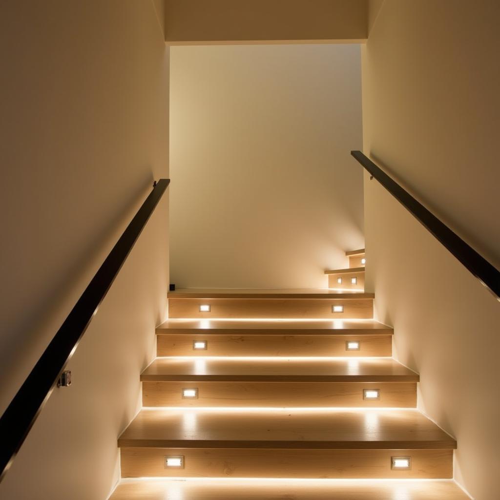 Recessed lights illuminating a modern stairway