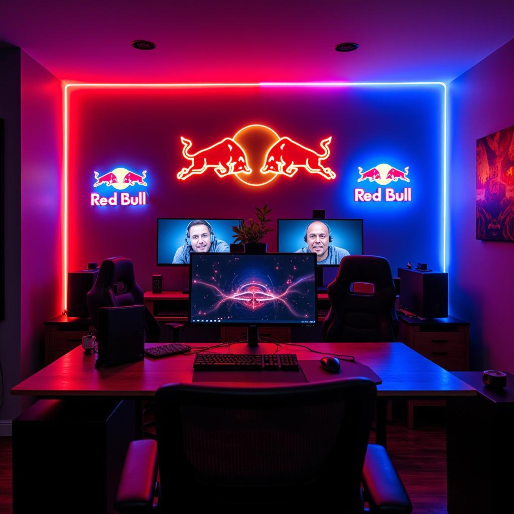 Red Bull neon lights integrated into a gaming setup