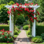 Red Climbing Rose Adorning a Garden Arbor